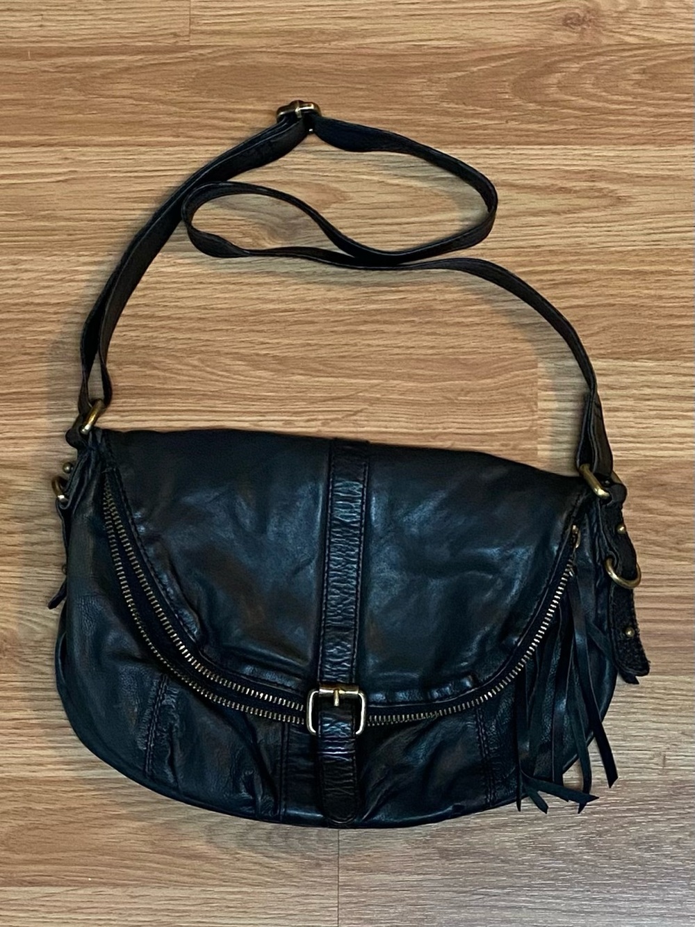 Aldo Black Leather Fringe Crossbody Bag with Gold Hardware